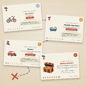 Cartes de la chasse au trésor pirates à imprimer, au prénom de l’enfant : une cachette et un petit défi par carte, jusqu’au trésor