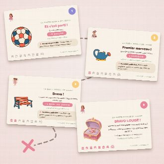 Cartes de la chasse au trésor princesses à imprimer, au prénom de l’enfant : une cachette et un petit défi par carte, jusqu’au trésor