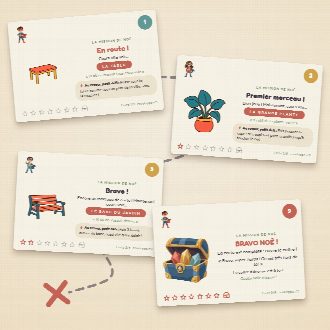 Cartes de la chasse au trésor super-héros à imprimer, au prénom de l’enfant : une cachette et un petit défi par carte, jusqu’au trésor