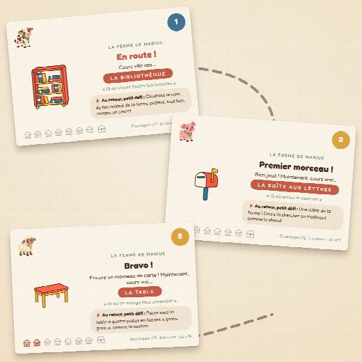 Trois cartes-indices de la chasse au trésor ferme à imprimer : une cachette à trouver et un petit défi par carte