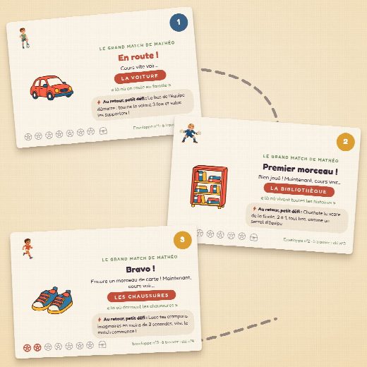 Trois cartes-indices de la chasse au trésor football à imprimer : une cachette à trouver et un petit défi par carte