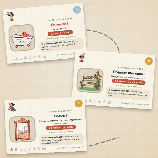 Trois cartes-indices de la chasse au trésor pirates à imprimer : une cachette à trouver et un petit défi par carte