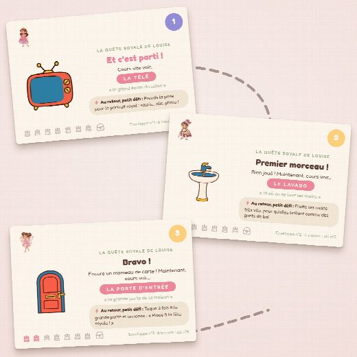 Trois cartes-indices de la chasse au trésor princesses à imprimer : une cachette à trouver et un petit défi par carte