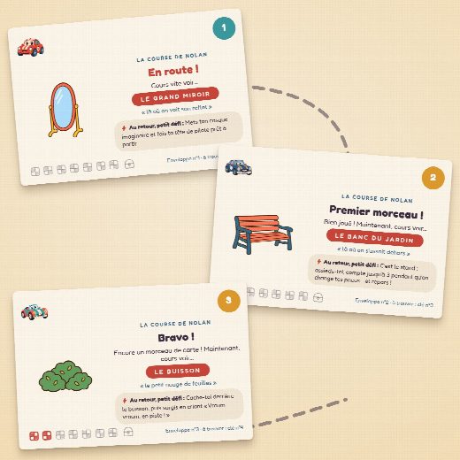 Trois cartes-indices de la chasse au trésor voitures à imprimer : une cachette à trouver et un petit défi par carte
