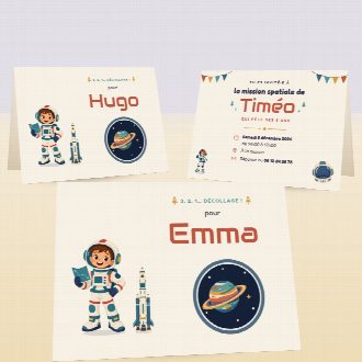 Cartes d’invitation d’anniversaire astronaute pliées, au prénom de chaque invité(e), la date et le lieu de la fête au verso