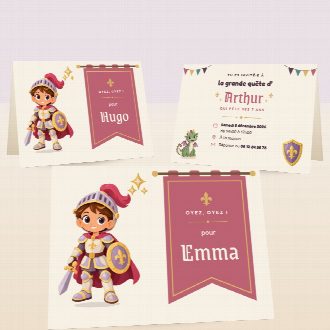 Cartes d’invitation d’anniversaire chevaliers pliées, au prénom de chaque invité(e), la date et le lieu de la fête au verso