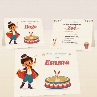 Cartes d’invitation d’anniversaire cirque pliées, au prénom de chaque invité(e), la date et le lieu de la fête au verso