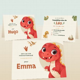 Cartes d’invitation d’anniversaire dinosaures pliées, au prénom de chaque invité(e), la date et le lieu de la fête au verso