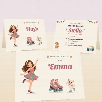 Cartes d’invitation d’anniversaire disco pliées, au prénom de chaque invité(e), la date et le lieu de la fête au verso