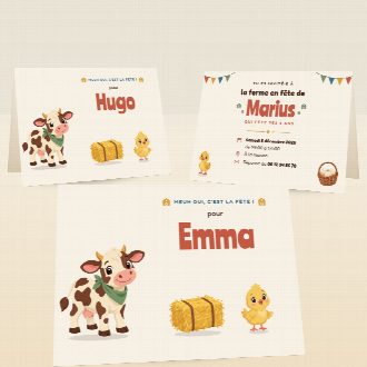 Cartes d’invitation d’anniversaire ferme pliées, au prénom de chaque invité(e), la date et le lieu de la fête au verso