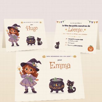 Cartes d’invitation d’Halloween pliées, au prénom de chaque invité(e), la date et le lieu de la fête au verso