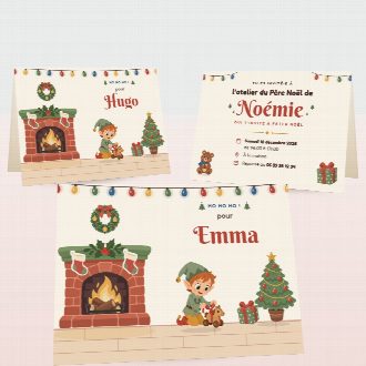 Cartes d’invitation de Noël pliées, au prénom de chaque invité(e), la date et le lieu de la fête au verso