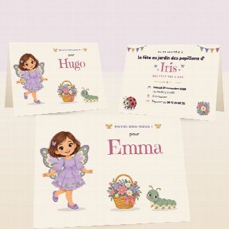 Cartes d’invitation d’anniversaire papillon pliées, au prénom de chaque invité(e), la date et le lieu de la fête au verso