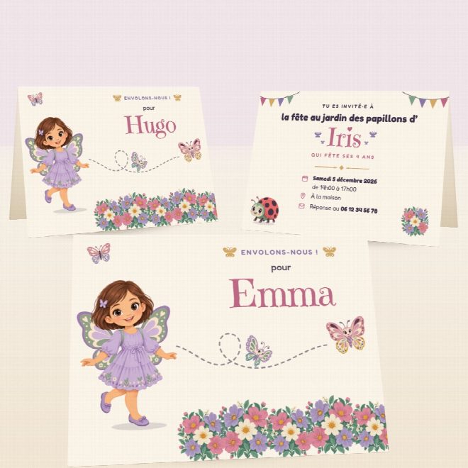 Invitations d'anniversaire papillons, chacune au prénom de son invité
