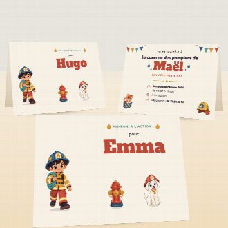 Cartes d’invitation d’anniversaire pompier pliées, au prénom de chaque invité(e), la date et le lieu de la fête au verso