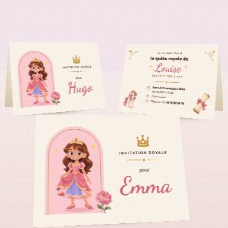 Cartes d’invitation d’anniversaire princesses pliées, au prénom de chaque invité(e), la date et le lieu de la fête au verso