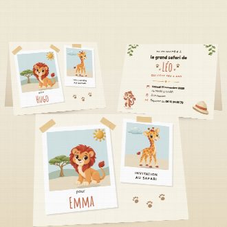 Cartes d’invitation d’anniversaire safari pliées, au prénom de chaque invité(e), la date et le lieu de la fête au verso