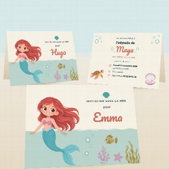 Cartes d’invitation d’anniversaire sirènes pliées, au prénom de chaque invité(e), la date et le lieu de la fête au verso
