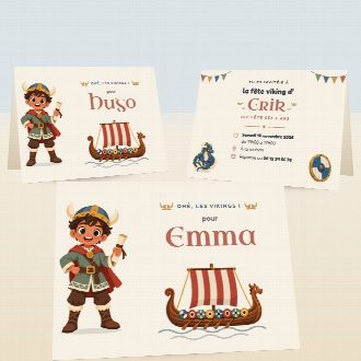 Cartes d’invitation d’anniversaire vikings pliées, au prénom de chaque invité(e), la date et le lieu de la fête au verso