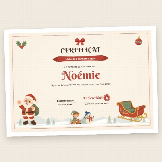 Certificat d’enfant sage du Père Noël à imprimer, au prénom de l’enfant