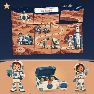 Chasse au trésor astronaute à imprimer pour un anniversaire (La Mission Spatiale) : la carte au trésor au prénom de l’enfant, en morceaux à reconstituer, et le coffre du trésor