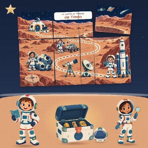 Chasse au trésor astronaute à imprimer pour un anniversaire (La Mission Spatiale) : la carte au trésor au prénom de l’enfant, en morceaux à reconstituer, et le coffre du trésor
