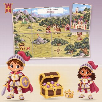 Chasse au trésor chevaliers à imprimer pour un anniversaire (Le Royaume des Chevaliers) : la carte au trésor au prénom de l’enfant, en morceaux à reconstituer, et le coffre du trésor
