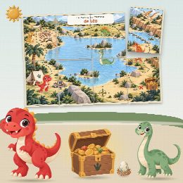 Chasse au trésor dinosaures à imprimer pour un anniversaire (Expédition Dino) : la carte au trésor au prénom de l’enfant, en morceaux à reconstituer, et le coffre du trésor