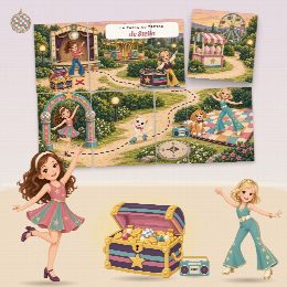 Chasse au trésor disco à imprimer pour un anniversaire (La Boum Disco) : la carte au trésor au prénom de l’enfant, en morceaux à reconstituer, et le coffre du trésor