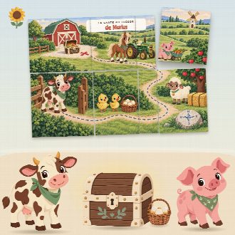 Chasse au trésor ferme à imprimer pour un anniversaire (La Ferme en Fête) : la carte au trésor au prénom de l’enfant, en morceaux à reconstituer, et le coffre du trésor