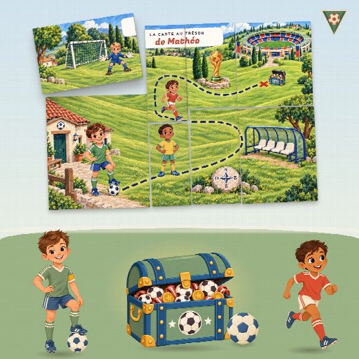 Chasse au trésor football à imprimer pour un anniversaire (Le Grand Match) : la carte au trésor au prénom de l’enfant, en morceaux à reconstituer, et le coffre du trésor
