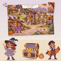 Chasse au trésor Halloween à imprimer pour un anniversaire (La Maison Hantée) : la carte au trésor au prénom de l’enfant, en morceaux à reconstituer, et le coffre du trésor
