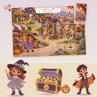 Chasse au trésor Halloween à imprimer pour la fête (La Maison Hantée) : la carte au trésor au prénom de l’enfant, en morceaux à reconstituer, et le coffre du trésor