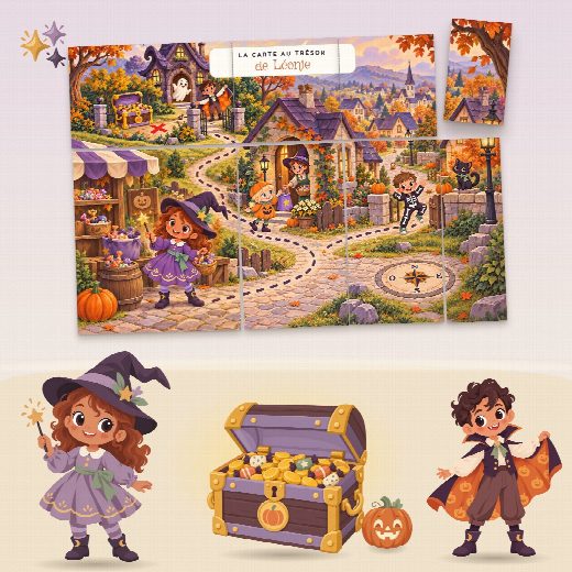 Chasse au trésor Halloween à imprimer pour un anniversaire (La Maison Hantée) : la carte au trésor au prénom de l’enfant, en morceaux à reconstituer, et le coffre du trésor