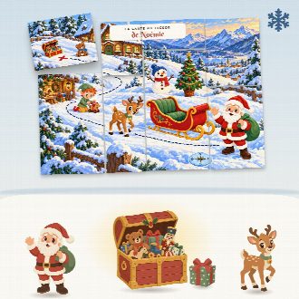 Chasse au trésor Noël à imprimer pour la fête (L’Atelier du Père Noël) : la carte au trésor au prénom de l’enfant, en morceaux à reconstituer, et le coffre du trésor
