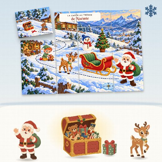 Chasse au trésor Noël à imprimer pour la fête (L’Atelier du Père Noël) : la carte au trésor au prénom de l’enfant, en morceaux à reconstituer, et le coffre du trésor