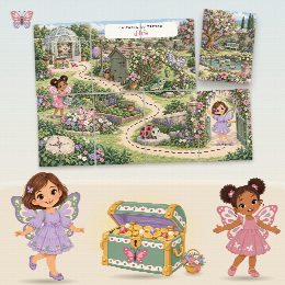 Chasse au trésor papillon à imprimer pour un anniversaire (Le Jardin des Papillons) : la carte au trésor au prénom de l’enfant, en morceaux à reconstituer, et le coffre du trésor