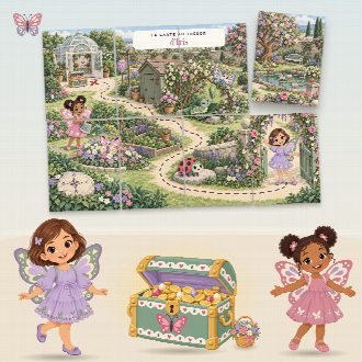 Chasse au trésor papillon à imprimer pour un anniversaire (Le Jardin des Papillons) : la carte au trésor au prénom de l’enfant, en morceaux à reconstituer, et le coffre du trésor
