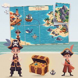 Chasse au trésor pirates à imprimer pour un anniversaire (L'Île aux Pirates) : la carte au trésor au prénom de l’enfant, en morceaux à reconstituer, et le coffre du trésor