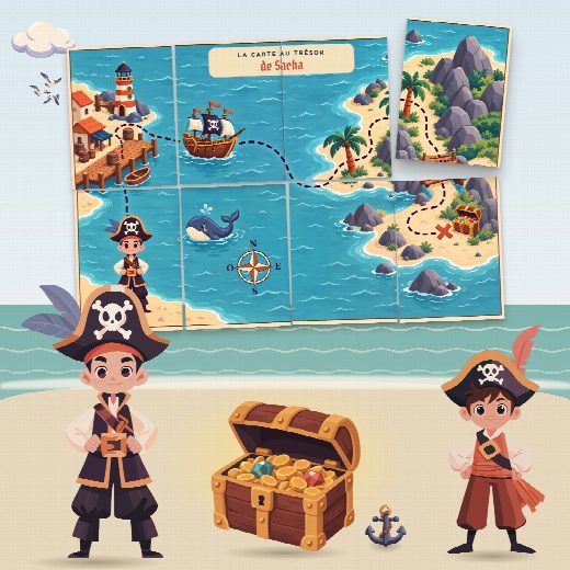Chasse au trésor pirates à imprimer pour un anniversaire (L'Île aux Pirates) : la carte au trésor au prénom de l’enfant, en morceaux à reconstituer, et le coffre du trésor