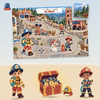 Chasse au trésor pompier à imprimer pour un anniversaire (La Caserne des Pompiers) : la carte au trésor au prénom de l’enfant, en morceaux à reconstituer, et le coffre du trésor