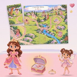 Chasse au trésor princesses à imprimer pour un anniversaire (Bal de Princesse) : la carte au trésor au prénom de l’enfant, en morceaux à reconstituer, et le coffre du trésor