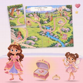 Chasse au trésor princesses à imprimer pour un anniversaire (Bal de Princesse) : la carte au trésor au prénom de l’enfant, en morceaux à reconstituer, et le coffre du trésor