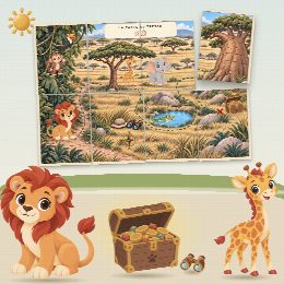 Chasse au trésor safari à imprimer pour un anniversaire (Le Grand Safari) : la carte au trésor au prénom de l’enfant, en morceaux à reconstituer, et le coffre du trésor