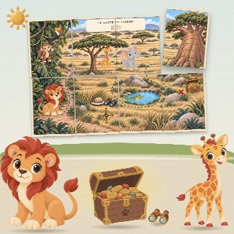 Chasse au trésor safari à imprimer pour un anniversaire (Le Grand Safari) : la carte au trésor au prénom de l’enfant, en morceaux à reconstituer, et le coffre du trésor