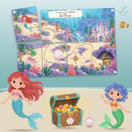 Chasse au trésor sirènes à imprimer pour un anniversaire (Le Lagon des Sirènes) : la carte au trésor au prénom de l’enfant, en morceaux à reconstituer, et le coffre du trésor