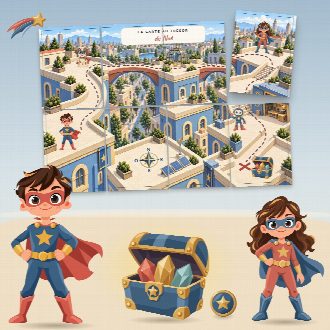 Chasse au trésor super-héros à imprimer pour un anniversaire (L'École des Super-Héros) : la carte au trésor au prénom de l’enfant, en morceaux à reconstituer, et le coffre du trésor