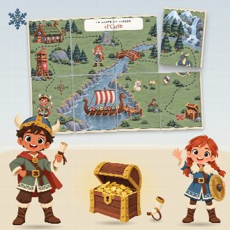 Chasse au trésor vikings à imprimer pour un anniversaire (Le Village des Vikings) : la carte au trésor au prénom de l’enfant, en morceaux à reconstituer, et le coffre du trésor