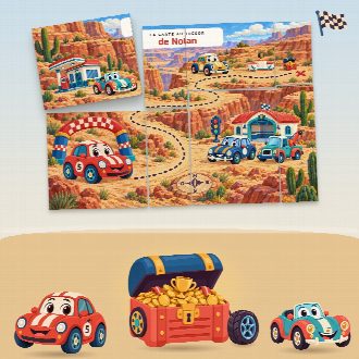 Chasse au trésor voitures à imprimer pour un anniversaire (La Course des Bolides) : la carte au trésor au prénom de l’enfant, en morceaux à reconstituer, et le coffre du trésor