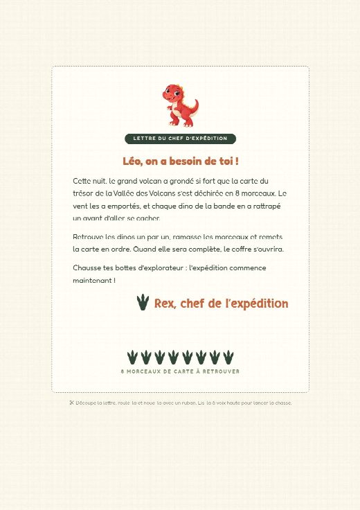 Lettre d’ouverture de la chasse au trésor dinosaures à imprimer, au prénom de l’enfant